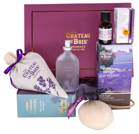 GIFT BOX WITH HAUTE PROVENCE AOP LAVENDER ESSENTIAL OIL TRADITIONAL SOAP ROOM PERFUME AND LAVENDER BAG
